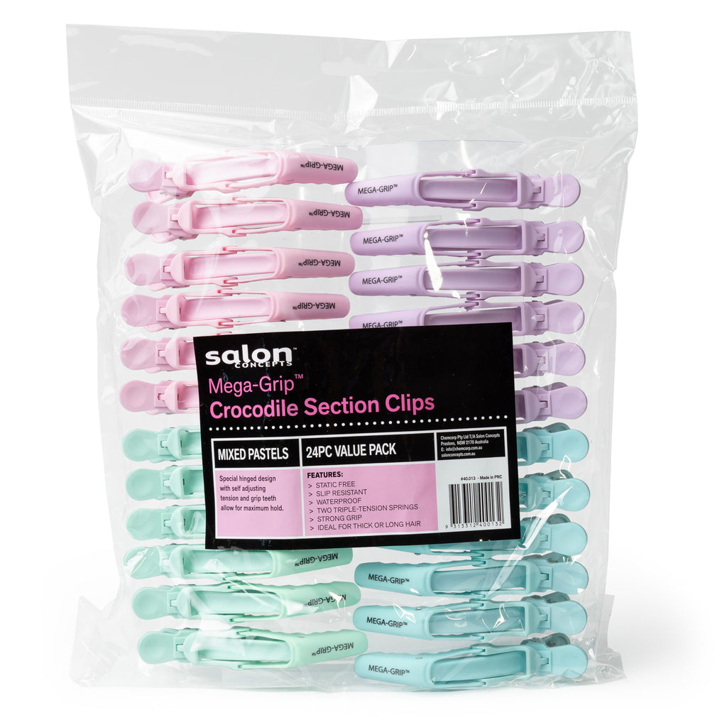 Salon Concepts Mega-Grip Crocodile Section Clips Pastel 24pc